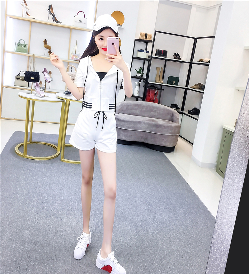 Sports hooded fashion tops zip summer Casual shorts a set