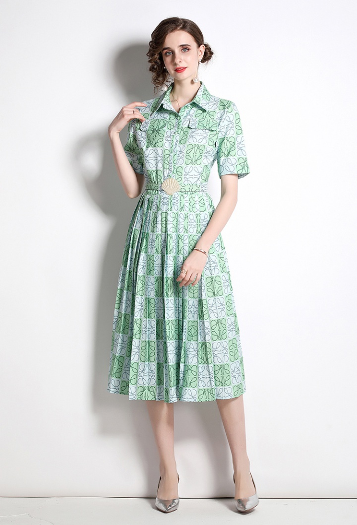 Summer fashion lapel high waist printing slim dress