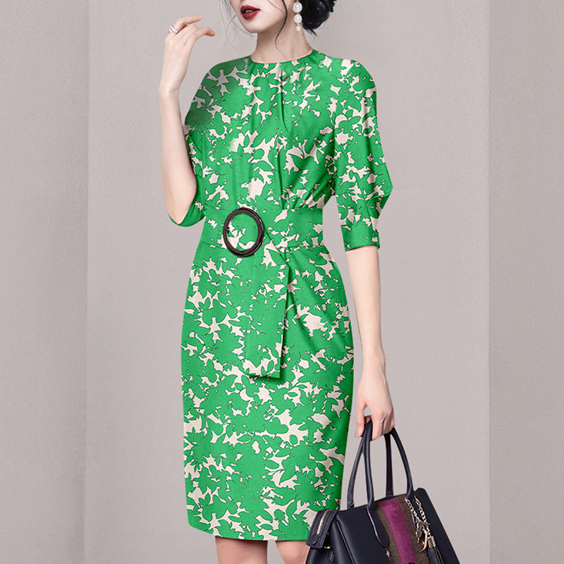 France style temperament floral pinched waist ladies dress