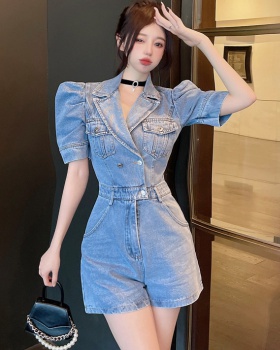 Blue high waist jumpsuit double-breasted business suit