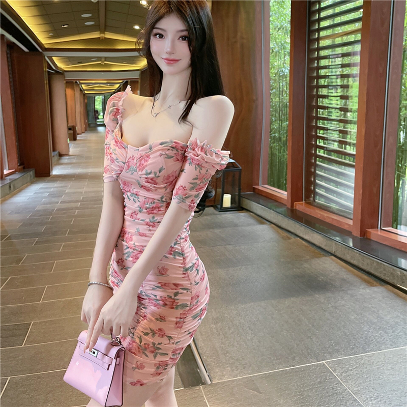 Package hip slim floral spicegirl flat shoulder dress