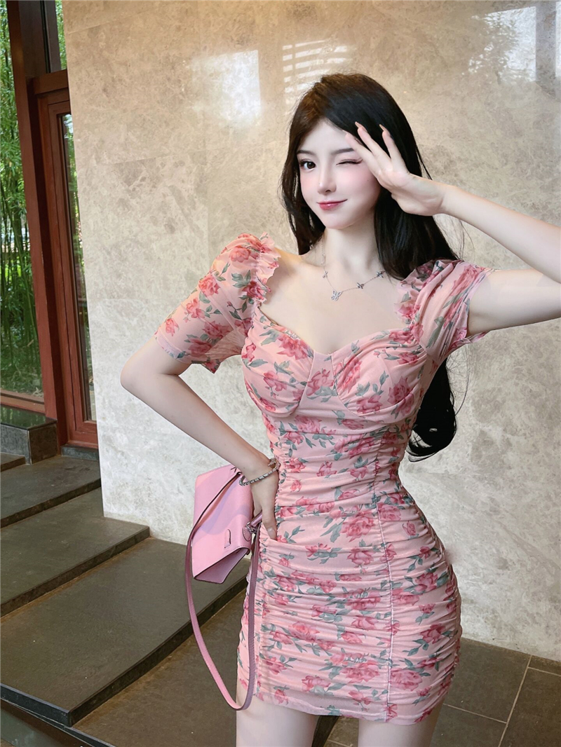 Package hip slim floral spicegirl flat shoulder dress