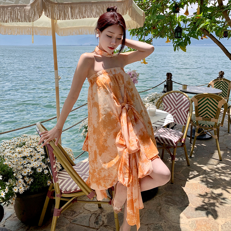 Wrapped chest vacation dress seaside beach dress for women