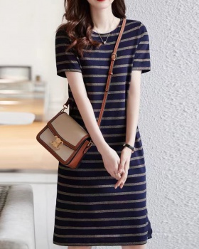 Fashion round neck long dress stripe dress for women