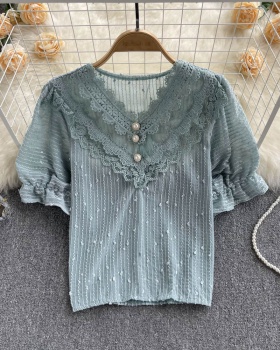 Korean style lace tops sweet V-neck T-shirt for women