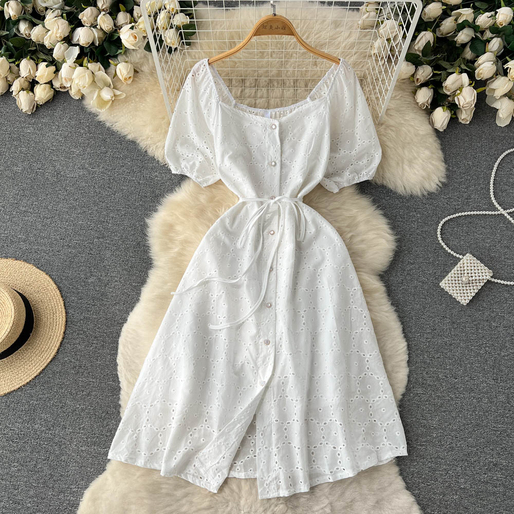 Short sleeve retro loose pinched waist dress for women