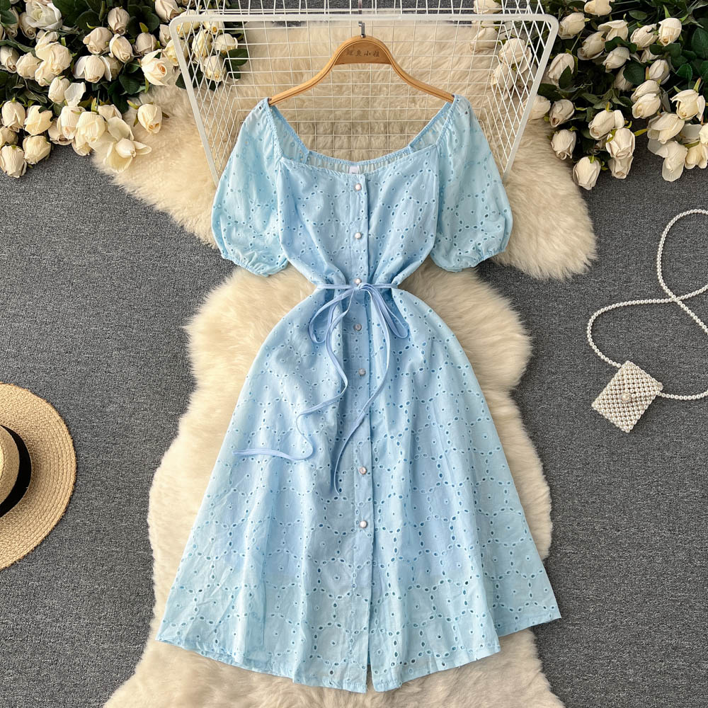 Short sleeve retro loose pinched waist dress for women