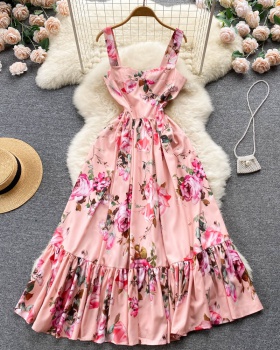 Floral wrapped chest exceed knee long dress for women