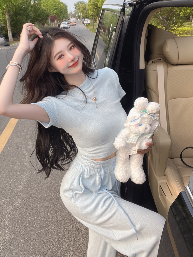 Casual knitted straight pants tops 2pcs set