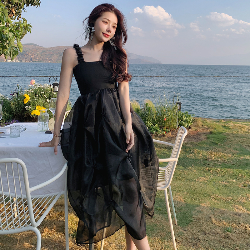 Gauze seaside summer strap dress fold black splice dress