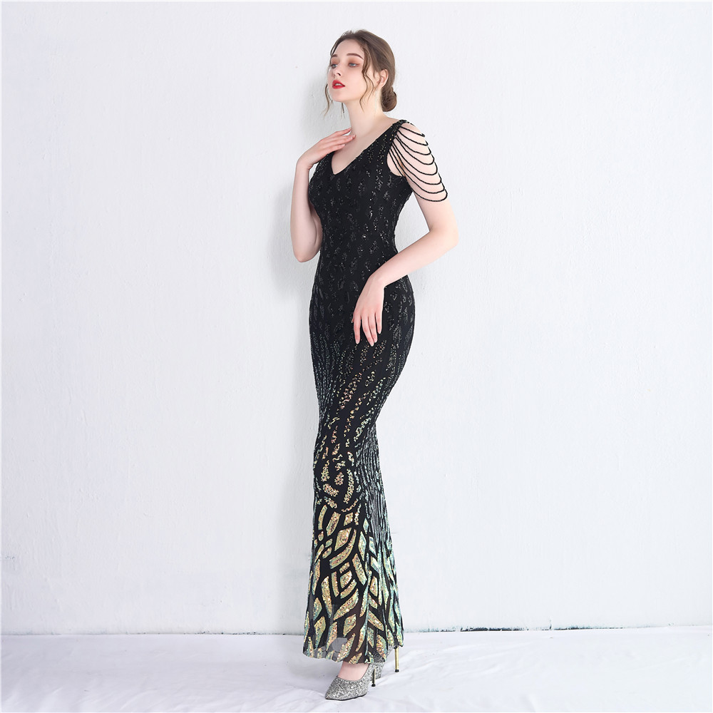 Temperament queen set beads split mermaid short sleeve dress