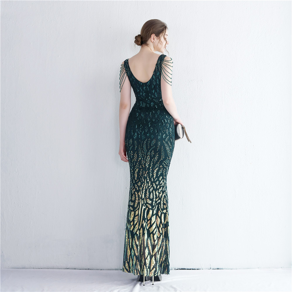 Temperament queen set beads split mermaid short sleeve dress