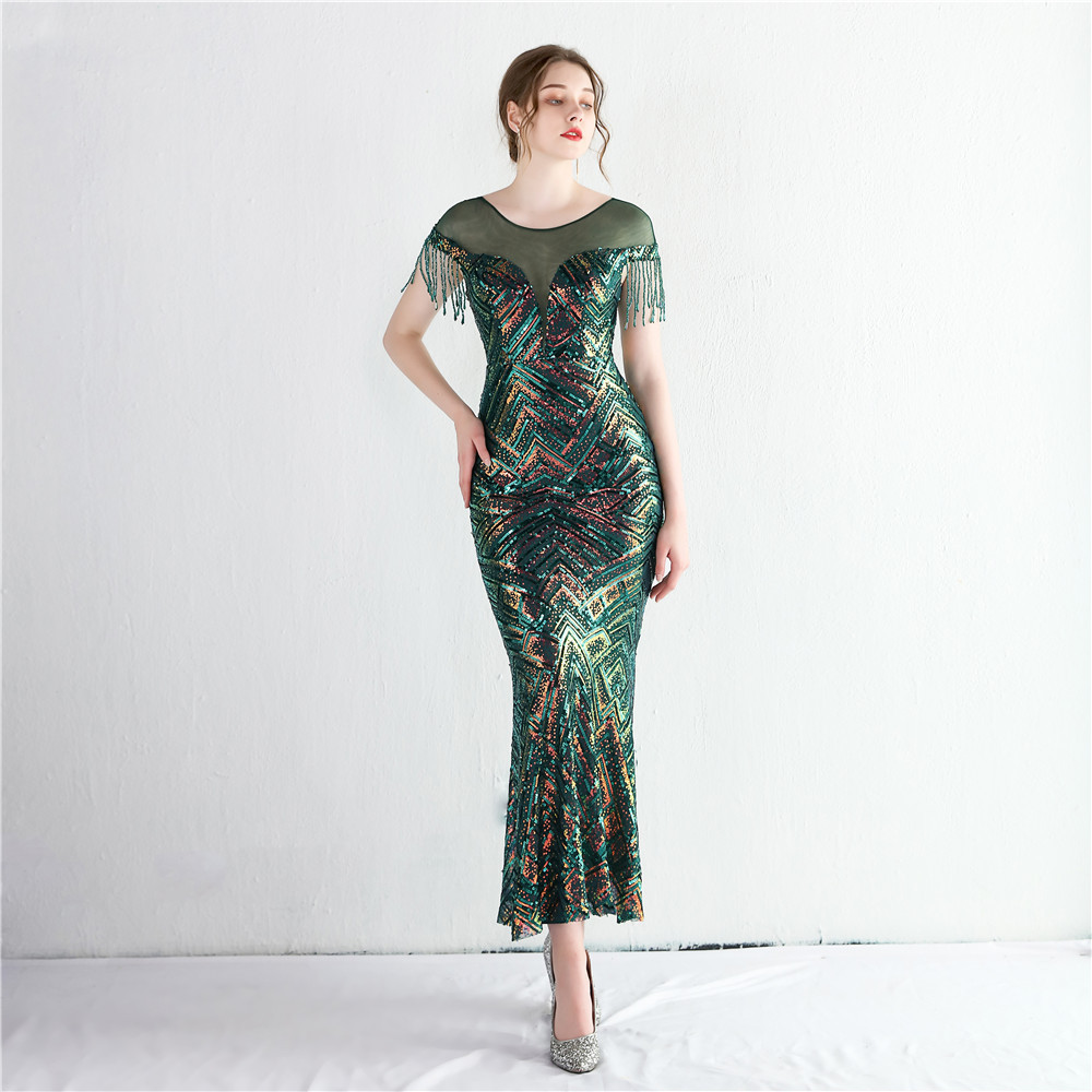 Mermaid queen short sleeve sequins evening dress
