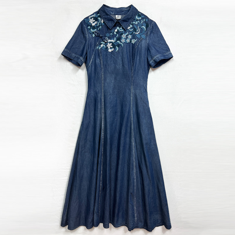 Lapel binding embroidery dress pullover pure cheongsam