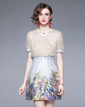European style short sleeve sequins dress for women