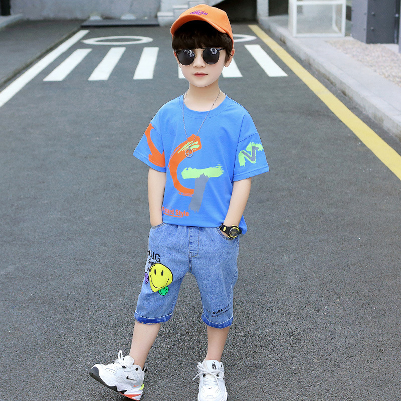 Child boy fashion kids Casual big child T-shirt 2pcs set