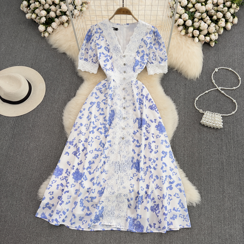 Short sleeve lace summer dress tender floral long dress