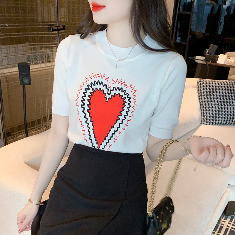 Heart jacquard tops Western style bottoming shirt for women