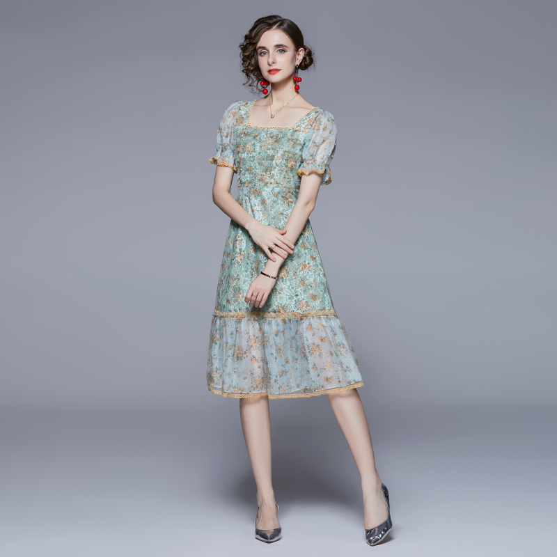 Pearl lace France style summer printing dress
