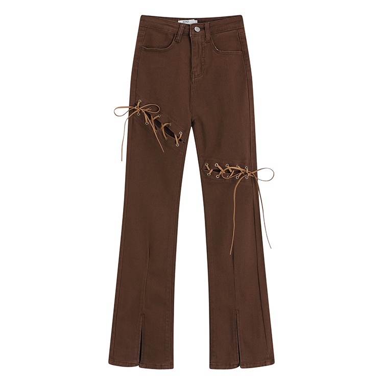 Brown summer jeans micro speaker hollow pants for women