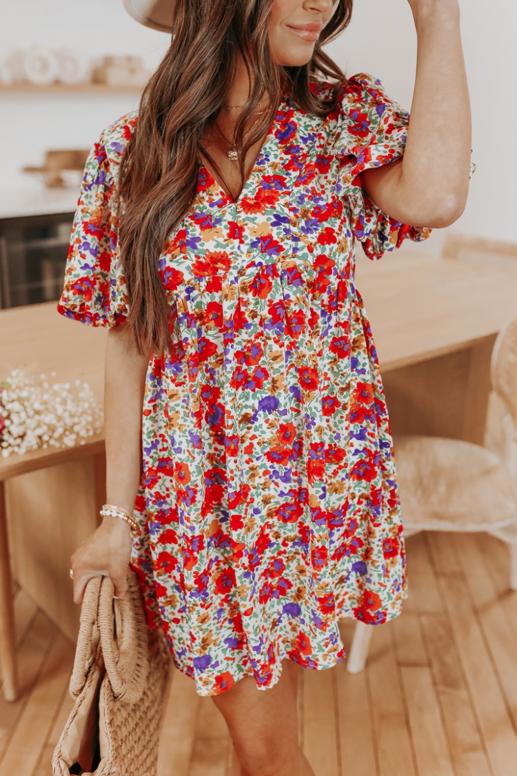 Vacation printing V-neck European style dress for women