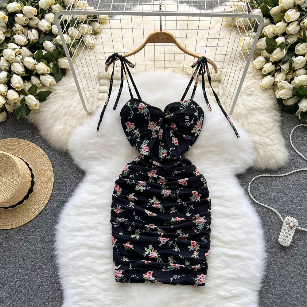 Floral wrapped chest T-back bottoming dress for women