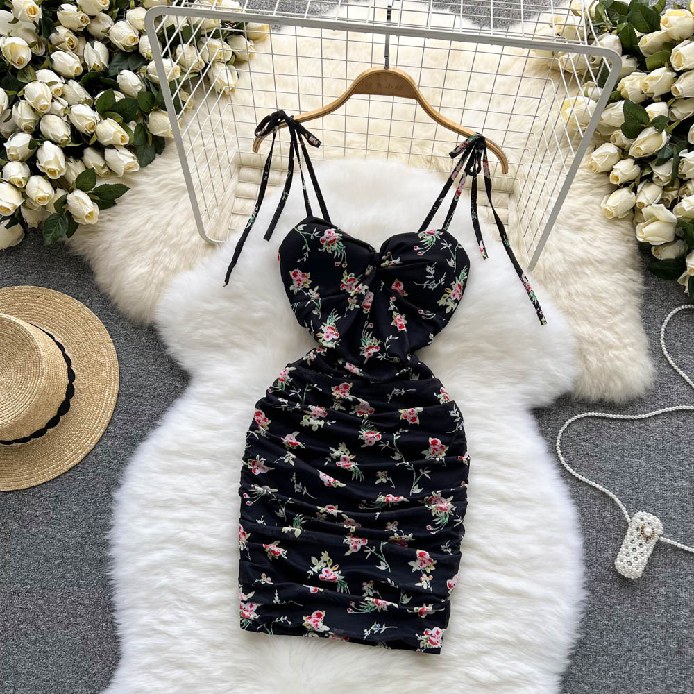 Floral wrapped chest T-back bottoming dress for women