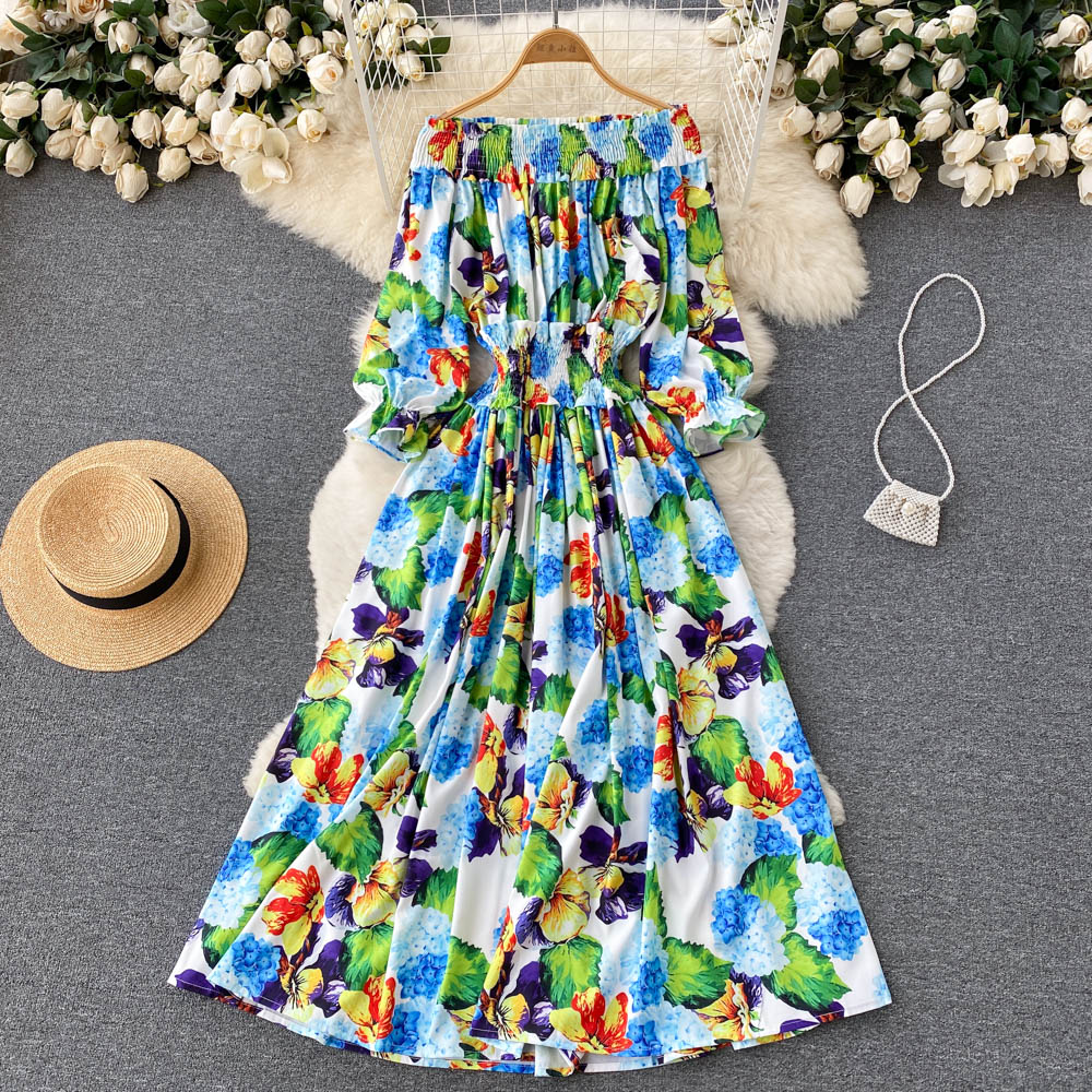Lady pinched waist long dress France style strapless dress