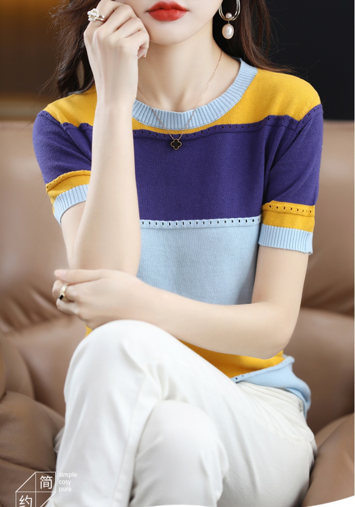 Hollow summer slim round neck knitted T-shirt for women