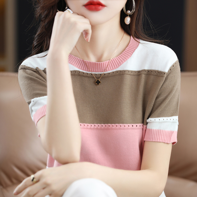 Hollow summer slim round neck knitted T-shirt for women