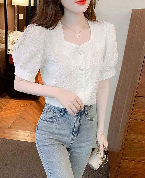 Square collar chiffon summer tops thin short sleeve shirt for women