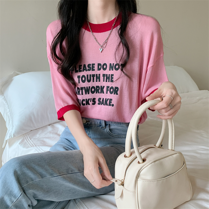 Knitted letters tops mixed colors short sleeve T-shirt