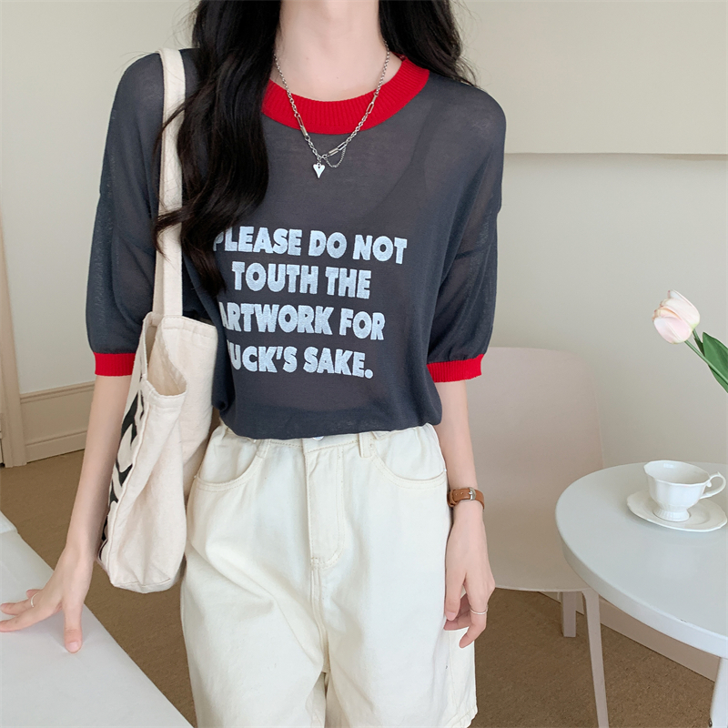 Knitted letters tops mixed colors short sleeve T-shirt