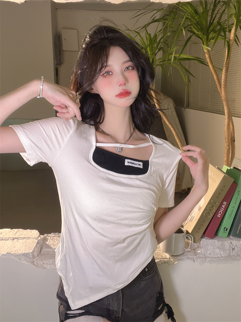 Pinched waist square collar T-shirt all-match tops