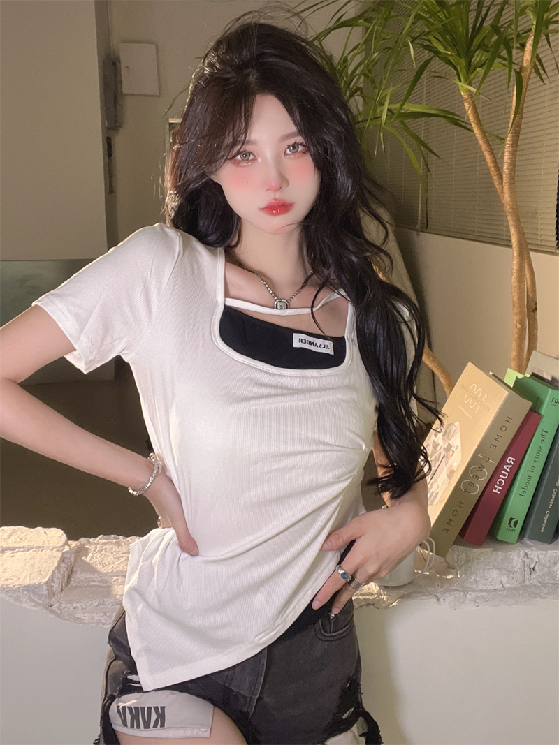 Pinched waist square collar T-shirt all-match tops