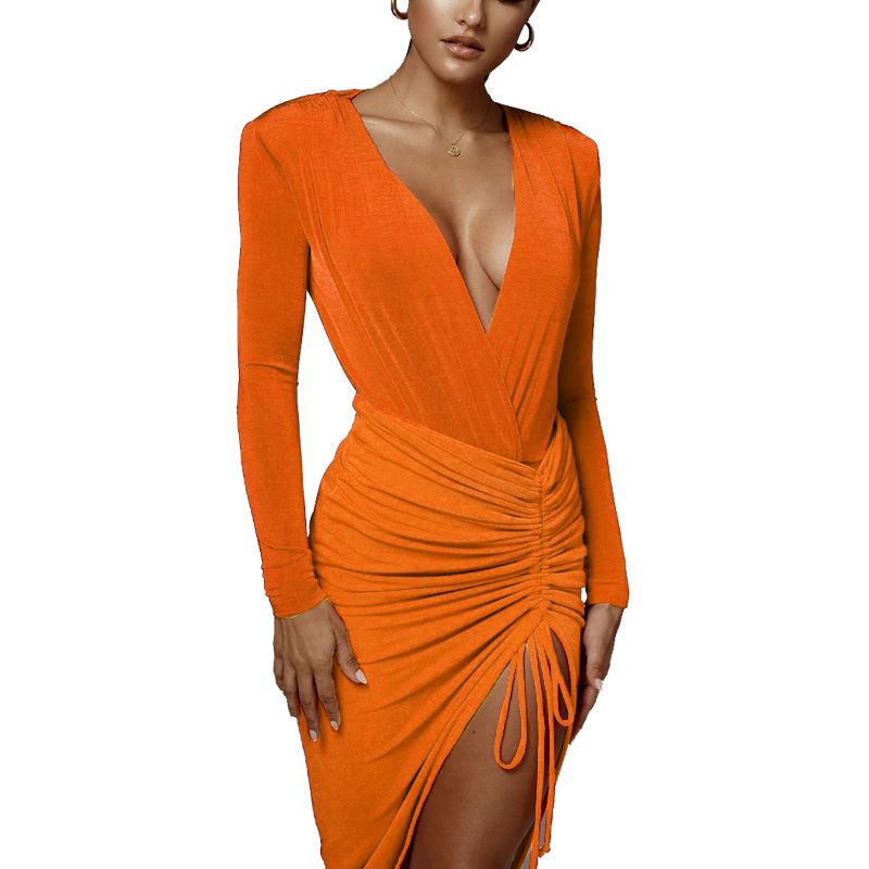 Orange fold long sleeve European style skirt 2pcs set