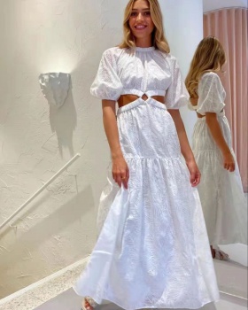 Short sleeve half high collar sexy long dress jacquard white dress