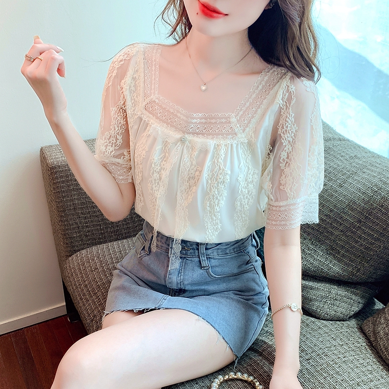 Summer square collar small shirt lace shirts for women