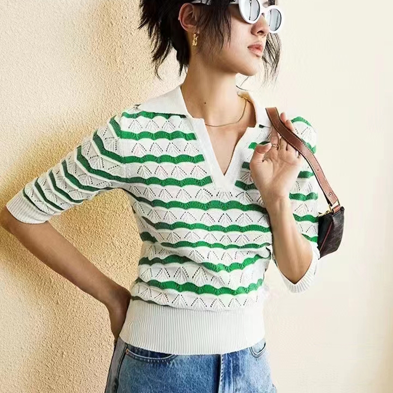 Short sleeve France style mixed colors sweater V-neck hollow tops