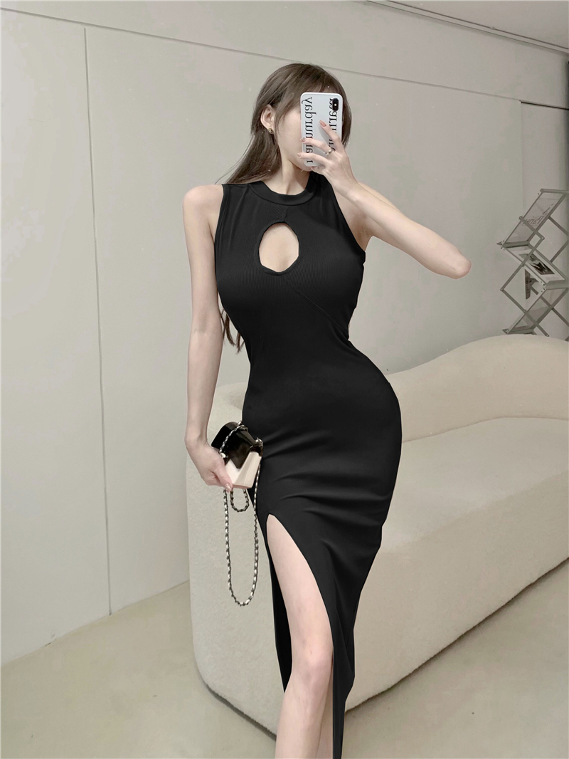 Long split chest hollow sexy package hip slim dress