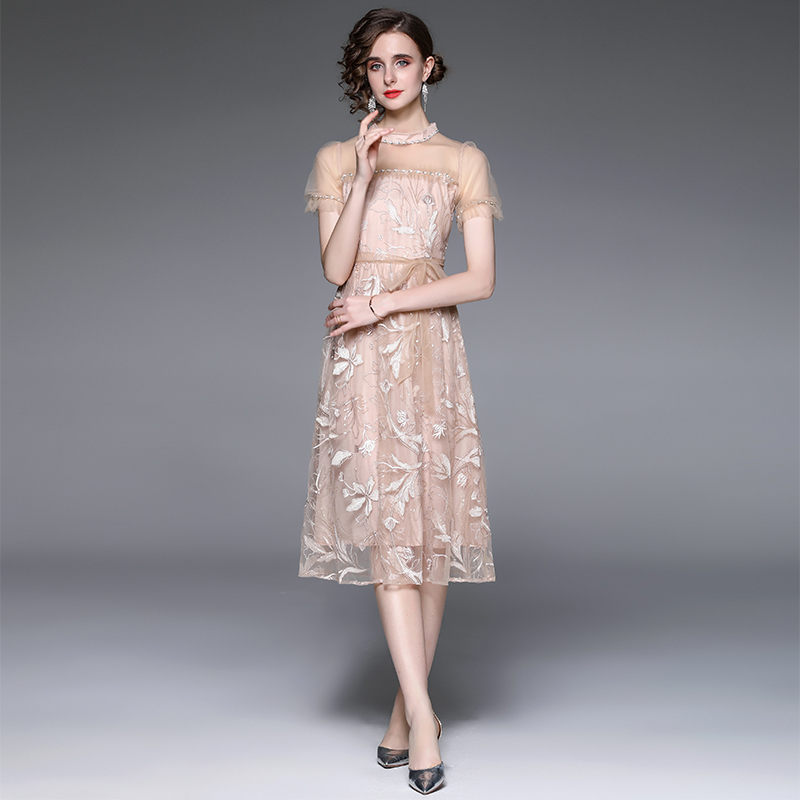 Slim embroidered beading pinched waist summer light dress