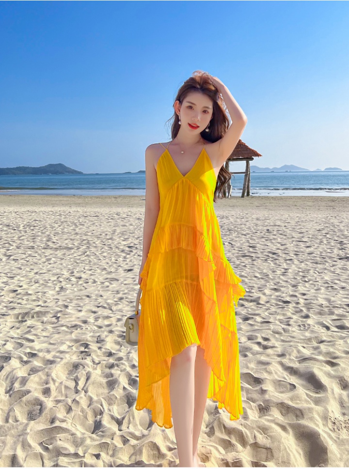 Pleated seaside sling beach dress vacation beautiful dress