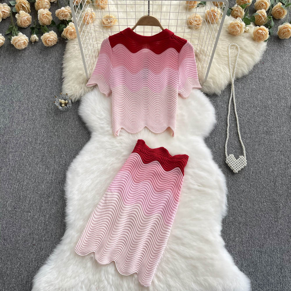 Lapel Korean style skirt waves hem knitted tops 2pcs set for women