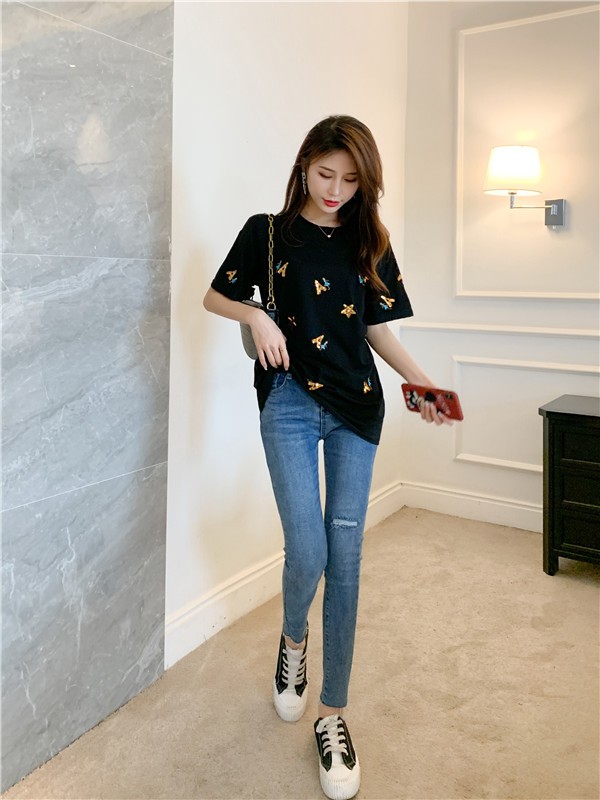 Sequins large yard T-shirt pure cotton loose tops for women
