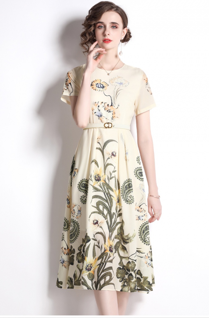 Pinched waist with belt printing slim long dress