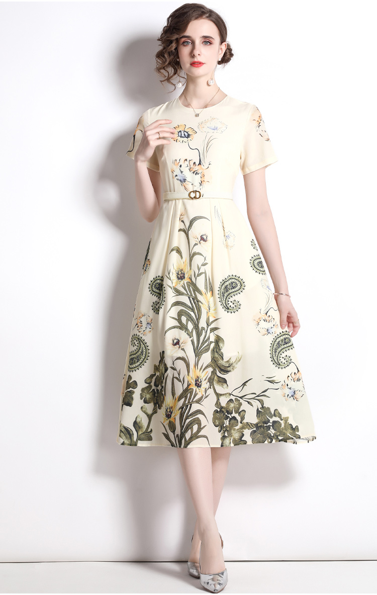 Pinched waist with belt printing slim long dress