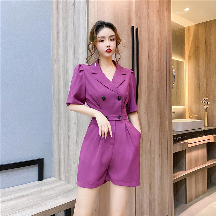 Lapel pinched waist shorts double-breasted jumpsuit
