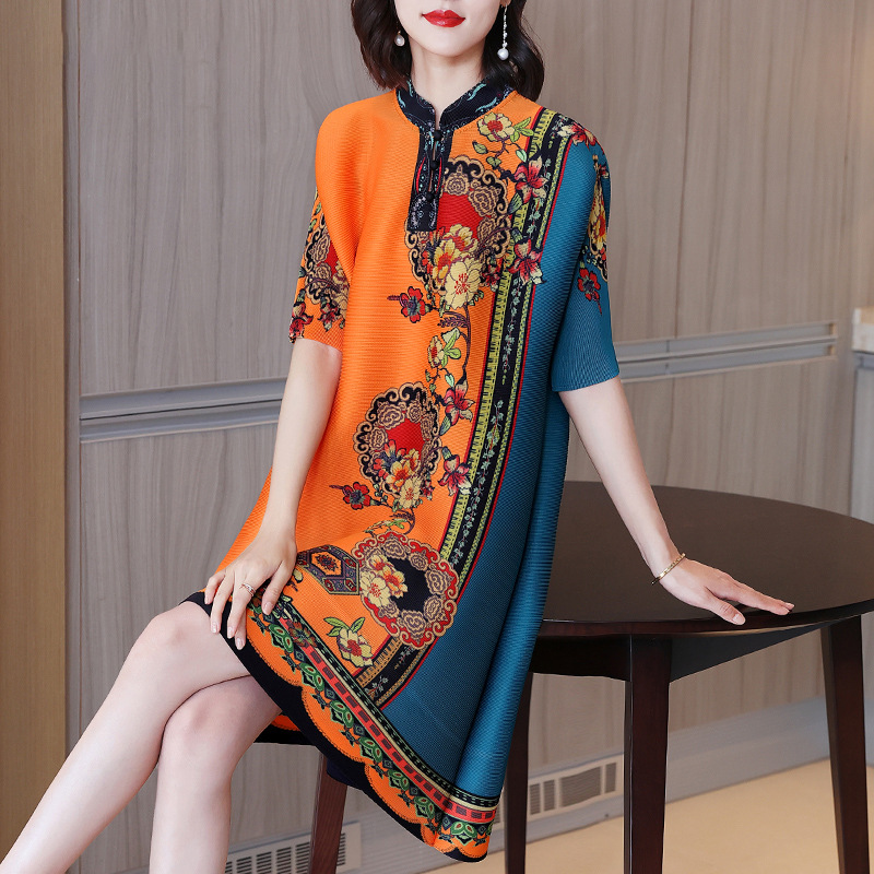 Summer Western style printing middle-aged dress for women