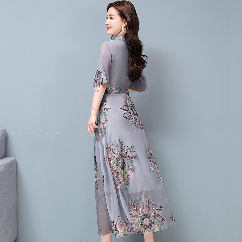 Pinched waist embroidery summer slim retro dress for women