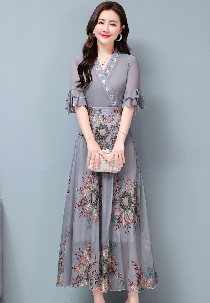 Pinched waist embroidery summer slim retro dress for women